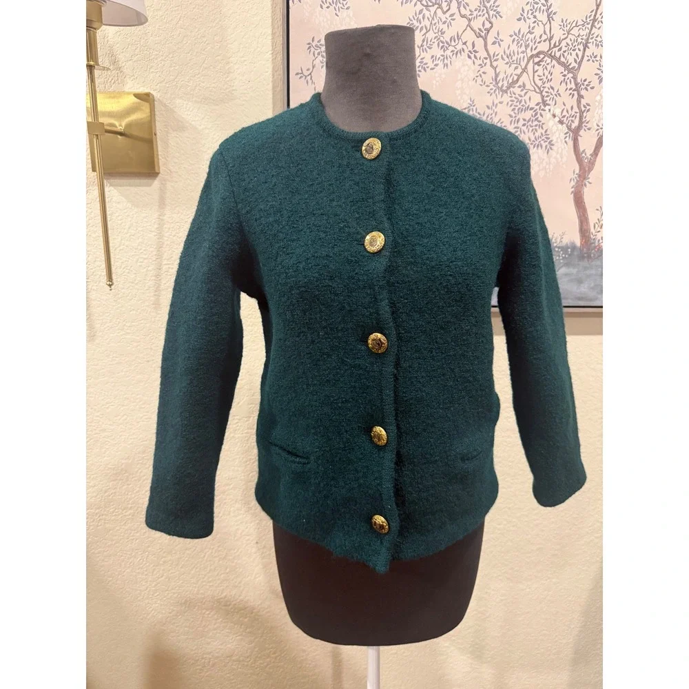 Hegyi Vintage‎ Austrian Boiled Wool Cardigan Jacket Green Gold Crest Buttons